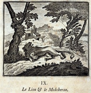 Der Löwe und der Fliegenfänger. Fabeln von Jean de La Fontaine. Illustration von François Chauveau. Ausgabe von 1728.