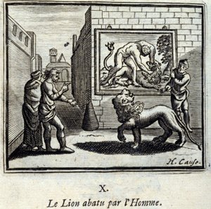 Der von einem Mann erschossene Löwe. Fabeln von Jean de La Fontaine (1621-95). Illustration von François Chauveau (1613-1676). Ausgabe von 1728. von Francois Chauveau