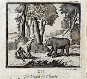 Die Löwin und der Bär. Fabeln von Jean de La Fontaine. Illustration von François Chauveau. Ausgabe von 1728.