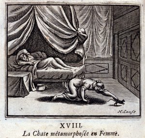 Die Katze, die in eine Frau verwandelt wurde. Fabeln von Jean de La Fontaine. Illustration von François Chauveau. Ausgabe von 1728. von Francois Chauveau