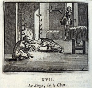 Der Affe und die Katze. Fabeln von Jean de La Fontaine. Illustration von François Chauveau. Ausgabe von 1728. von Francois Chauveau