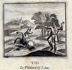 Der alte Mann und der Esel. Fabeln von Jean de La Fontaine (1621-95). Illustration von François Chauveau (1613-1676). Ausgabe von 1728 von Francois Chauveau