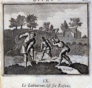 Der Weiner und seine Kinder. Fabeln von Jean de La Fontaine. Illustration von François Chauveau. Ausgabe von 1728. von Francois Chauveau