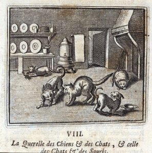 Der Streit der Hunde und Katzen und der Katzen und Mäuse. Fabeln von Jean de La Fontaine. Illustration von François Chauveau. Ausgabe von 1728. von Francois Chauveau
