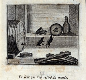 Die Ratte, die sich aus der Welt zurückzog. Fabeln von Jean de La Fontaine (1621-95). Illustration von François Chauveau (1613-1676). Ausgabe von 1728 von Francois Chauveau