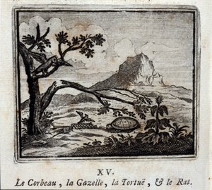 Der Rabe, die Gazelle, die Schildkröte und die Ratte. Fabeln von Jean de La Fontaine (1621-95). Illustration von François Chauveau (1613-1676). Ausgabe von 1728