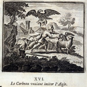 Der Rabe, der den Adler nachahmen wollte. Fabeln von Jean de La Fontaine. Illustration von François Chauveau. Ausgabe von 1728. von Francois Chauveau