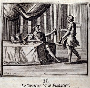 Der Schuster und der Finder. Fabeln von Jean de La Fontaine. Illustration von François Chauveau. Ausgabe von 1728. von Francois Chauveau