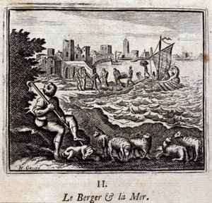 Der Hirte und das Meer. Fabeln von Jean de La Fontaine (1621-95). Illustration von François Chauveau (1613-1676). Ausgabe von 1728