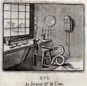 Die Schlange und die Linde. Fabeln von Jean de La Fontaine (1621-95). Illustration von François Chauveau (1613-1676). Ausgabe von 1728. von Francois Chauveau