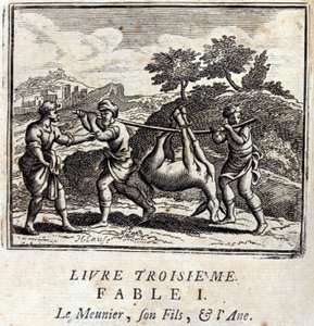Der Sauger, sein Sohn und der Esel. Fabeln von Jean de La Fontaine. Illustration von François Chauveau. Ausgabe von 1728. von Francois Chauveau