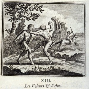 Die Diebe und der Esel. Fabeln von Jean de La Fontaine. Illustration von François Chauveau. Ausgabe von 1728. von Francois Chauveau