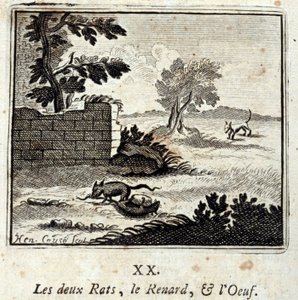 Die zwei Ratten, der Fuchs und das Ei. Fabeln von Jean de La Fontaine. Illustration von François Chauveau. Ausgabe von 1728.