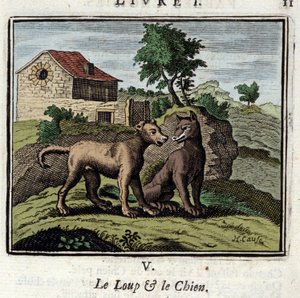 Der Wolf und der Hund. Fabeln von Jean de La Fontaine (1621-1695). Illustration von François Chauveau (1613-1676). Ausgabe von 1728 von Francois Chauveau