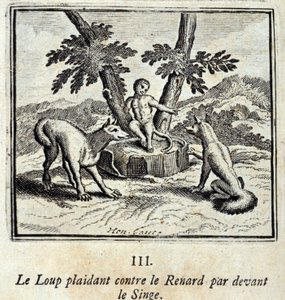 Der Wolf klagt gegen den Fuchs vor dem Affen. Fabeln von Jean de La Fontaine (1621-95). Illustration von François Chauveau (1613-1676). Ausgabe von 1728. von Francois Chauveau