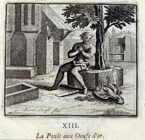 Das Huhn mit den goldenen Eiern. Fabeln von Jean de La Fontaine. Illustration von François Chauveau. Ausgabe von 1728. von Francois Chauveau