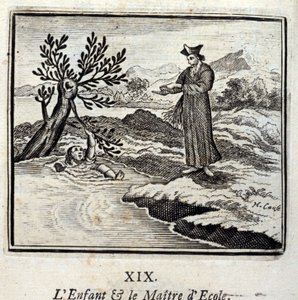 Das Kind und der Schulmeister. Fabeln von Jean de La Fontaine (1621-95). Illustration von François Chauveau (1613-1676). Ausgabe von 1728. von Francois Chauveau