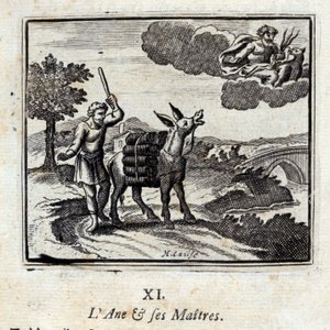 Der Esel und seine Herren. Fabeln von Jean de La Fontaine (1621-95). Illustration von François Chauveau (1613-1676). Ausgabe von 1728 von Francois Chauveau
