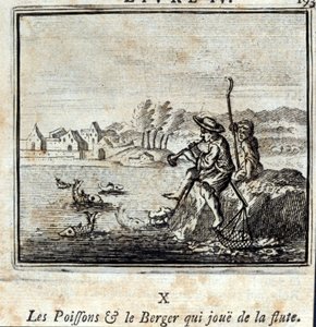 Der Fisch und der Hirte, der Flöte spielt. Fabeln von Jean de La Fontaine. Illustration von François Chauveau. Ausgabe von 1728. von Francois Chauveau
