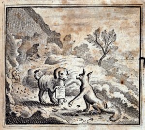 Der kranke Löwe und der Fuchs. Fabeln von Jean de La Fontaine. Illustration von François Chauveau. Ausgabe von 1728. von Francois Chauveau