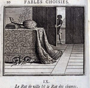 Die Stadtmaus und die Feldmaus. Fabeln von Jean de La Fontaine. Illustration von François Chauveau. Ausgabe von 1728 von Francois Chauveau