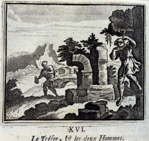 Der Schatz und die zwei Männer. Fabeln von Jean de La Fontaine (1621-95). Illustration von François Chauveau (1613-1676). Ausgabe von 1728. von Francois Chauveau