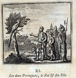 Die zwei Papageien, der König und sein Sohn. Fabeln von Jean de La Fontaine. Illustration von François Chauveau. Ausgabe von 1728. von Francois Chauveau