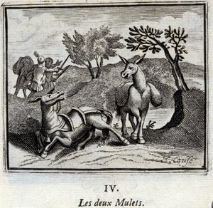 Die zwei Maultiere. Fabeln von Jean de La Fontaine (1621-95). Illustration von François Chauveau (1613-1676). Ausgabe von 1728