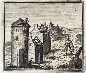 Die zwei Tauben. Fabeln von Jean de La Fontaine. Illustration von François Chauveau. Ausgabe von 1728.