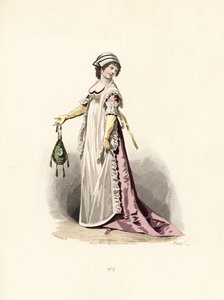 Frau im veilchenfarbenen Kleid, Schürze und Schal