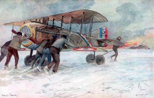 Bodenpersonal betreut einen französischen Spad auf einem schneebedeckten Feld, 1918, 1926