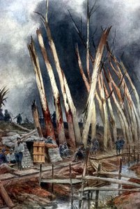 Die Offensive bei Yser (1917). Französische Linie in der Nähe von Het-Sas kurz vor dem 31. Juli. Soldaten warten auf Befehle unter Bäumen, die durch das Feuer früherer Gefechte zerstört wurden. Nach einem Gemälde von Francois Flameng (1856-1923) Franzose.