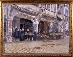 Markt unter den Arkaden in Dinan - von F. Gombeaux, Ende des 19. Jahrhunderts von Francois Gombeaux