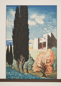 Tempel mit Zypressenbaum aus Prométhée Enchaîné von Aeschylus, veröffentlicht 1941 von Francois Louis Schmied