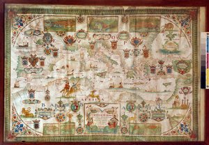 Geografische Karte des Mittelmeers mit den Küsten von Europa (Frankreich, Spanien, Italien) und Afrika (Tunesien, Algerien, Ägypten). Das Meer ist bevölkert mit Monstern und Karavellen, während auf dem Land alle Arten von Tieren und Bewohnern der Region si von Francois Ollive