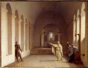 Jacques de Molay (1243-1314), Großmeister der Templer. Jacques de Molay, seit 1307 festgenommen, wird im Königspalast von Chinon verhört. Gemälde von François Richard Fleury von Francois Richard Fleury