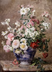 Stillleben mit Anemonen und Rosen in einer blau-weißen Vase