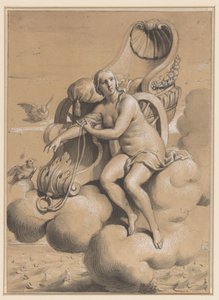 Venus neben ihrem Wagen auf den Wolken sitzend