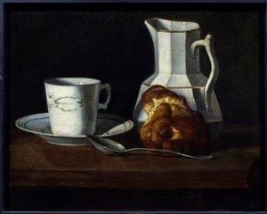 Stillleben mit Brioche, Tasse, Milchkrug und Brioche von Francoise Bourin