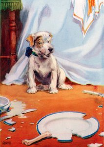 Hund mit zerbrochenem Teller (Farblithografie)