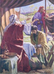 Jakob erhält den Segen, aus dem Bibelbilderbuch, veröffentlicht von Thomas Nelson, ca. 1950 (Farblithografie) von Frank Adams