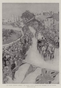 Der achtzigste Geburtstag der Königin, Ihre Majestät fährt durch den Triumphbogen in Windsor von Frank Craig