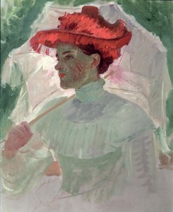 Frau mit rotem Hut und Sonnenschirm