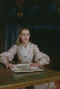 Junges Mädchen, das einen Druck betrachtet, 1889