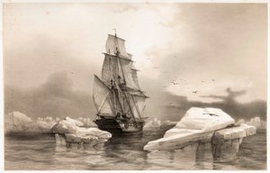 Korvette La Recherche bei Bäreninsel am 7. August 1838, aus Voyages en Scandinavie von François Auguste Biard