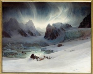 Magdalena-Bucht von der Halbinsel Tomb, Nord-Spitzbergen, gesehen. Aurora borealis Effekt. Gemälde von François Auguste Biard von François Auguste Biard