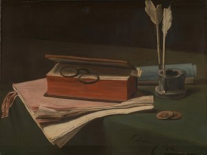 Stilleben mit Buch, Papieren und Tintenfass