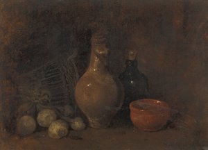 Stillleben mit vier Früchten, Glas und Keramik