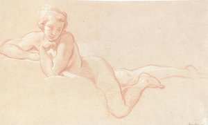 Aktstudie einer auf Wolken liegenden Frau, das Kinn auf die linke Hand gestützt