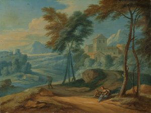 Bewaldete italienische Landschaft mit Figuren